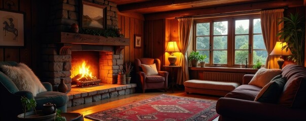 Naklejka premium Warmly lit cottage with a crackling fireplace, comfortable furniture, plush rugs