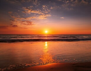 Obraz premium サンセット・ビーチ オレンジ色に染まる夕日と海のシルエット。空の広がりが大きなコピースースペースとなり、感動的なドラマ性をプラス