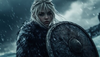 A beautiful blonde viking woman stands resiliently amidst a snowy storm