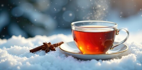 Warm amber liquid in a delicate cup amidst a snowy scene, cloves tea, snow