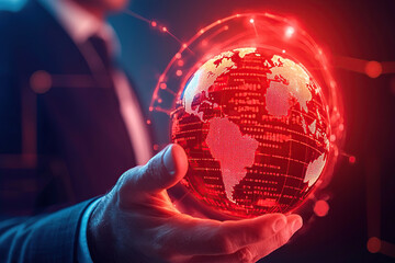 person holds glowing digital globe, symbolizing global connectivity and technology. red hue and digital elements suggest futuristic and innovative approach to worldwide communication and data