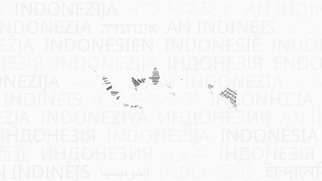 Indonesia intro animation. Country with regions illustration video. Background with country names in various languages. Regions of Indonesia animation. Elegant video.