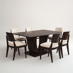 A minimalist wooden dining table with tapered legs and a light pine finish, paired with four simple wooden chairs featuring slatted backs, isolated on a clean white background
