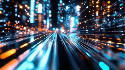 Fototapeta premium Abstract futuristic digital cityscape with bright neon lights