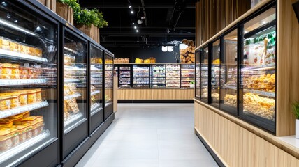 Fototapeta premium Modern supermarket aisle showcasing variety of refrigerated products