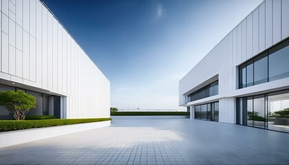 モダン建築のフロントビュー クリーンな白い壁とシンプルなデザインの建物。上部または横に十分な余白があり、洗練された都市の印象を与える。