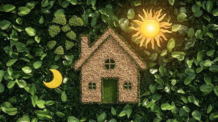 Eco-friendly house concept with sun, moon, and leaves.