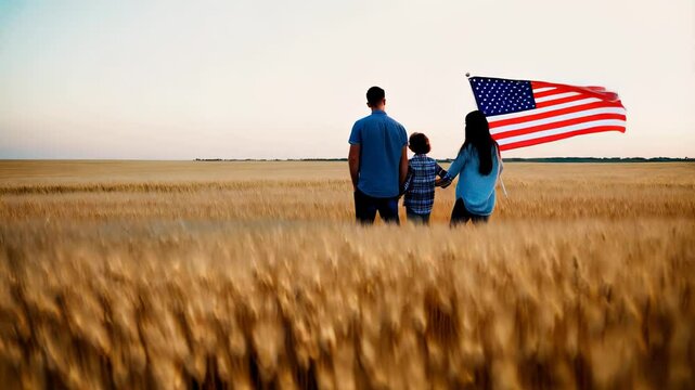 Patriotic family, father, mother, and son, stand in a golden wheat field at sunset, holding the american flag, symbolizing unity, pride, and love for their country