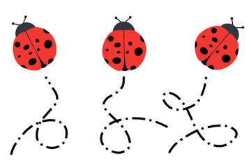 Obraz premium Creative vector illustration of three ladybugs flying with dashed line trails. Perfect for children's designs, nature-themed graphics, and educational materials