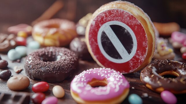 fast food, low carb diet, fattening and unhealthy eating concept - close up of chocolate pieces, jelly beans and glazed donuts behind no symbol or circle-backslash prohibition sign