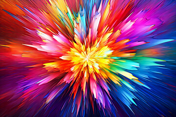 Bright energetic explosion of vibrant colors with dynamic radial patterns. Rainbow colors intermix dynamically to create sense of vibrancy, perfect for designs emphasizing creativity and energy