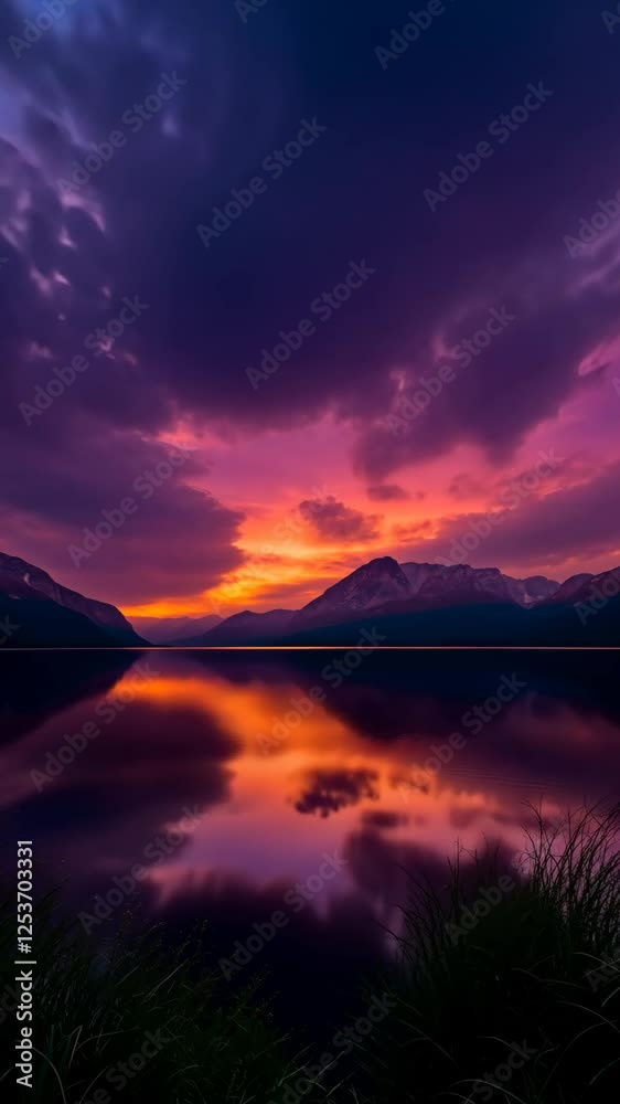 Poster a beautiful sunset over a lake with mountains in the background. the sky is filled with clouds and t