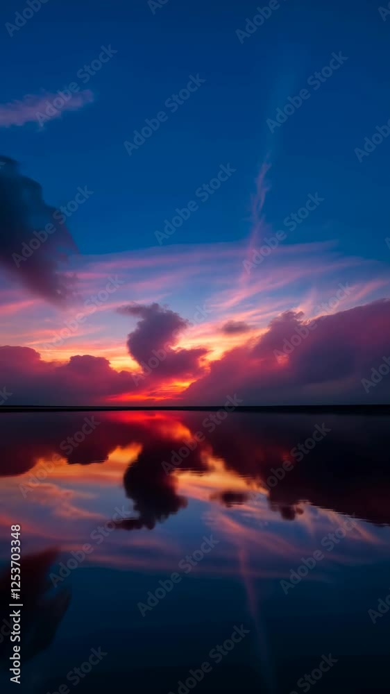 Aufkleber a beautiful sunset over a lake with mountains in the background. the sky is filled with clouds and t