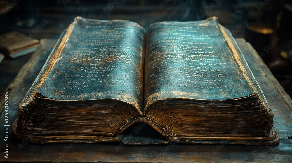 Poster ancient wisdom: an open tome revealing secrets and history, richly detailed and embellished with int
