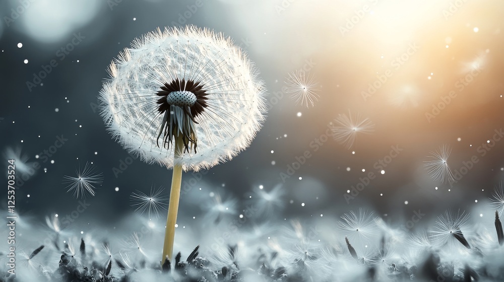 Aufkleber dandelion serenity: a dreamy close-up of a dandelion in full bloom, seeds gently dispersing in a ser