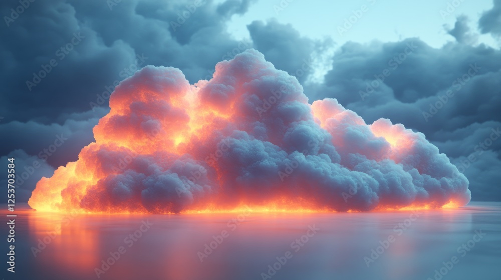 Poster dramatic sunset cloudscape over water: fiery glow illuminating dark clouds and reflections in the se