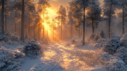 Naklejka premium Golden Hour's Embrace: A Sun-Kissed Winter Path Through a Frosty Forest, Where Sunlight Dances on Snow-Dusted Trees, Casting Long Shadows and a Warm Glow on a Cold Day