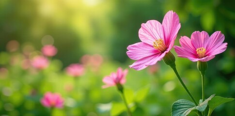 Pink mallow flowers swaying gently in the breeze, lush greenery, summer garden, mallow flowers