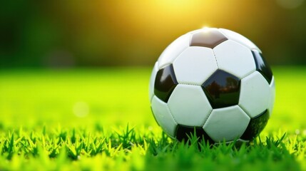 Naklejka premium A Classic Soccer Ball Rests on Lush Green Grass in Warm Sunlight