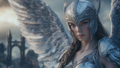 Woman in ornate armor and helmet with feathered wings