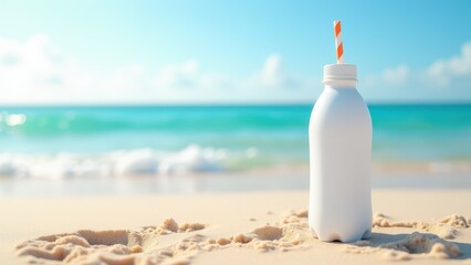 Bottle with Straw Mockup, Plastic bottle with striped straw beach background