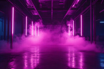 Dark warehouse with pink neon lights, smoke-filled atmosphere, creating a music video vibe with an empty room.