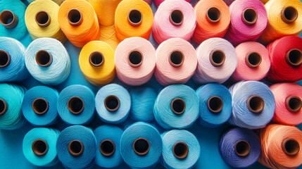 Bright Colorful Sewing Thread Spools Arranged in a Vibrant Textile Pattern
