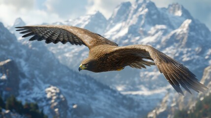 Majestic Eagle Soaring Over Mountain Landscape with Snow-Capped Peaks and Lush Greenery, Showcasing the Beauty of Nature and Wildlife