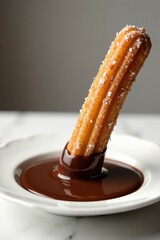 A crispy, golden churro, dusted with sugar, elegantly dips into a rich, decadent pool of melted chocolate, a delightful treat for the senses.