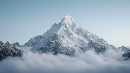 Fototapeta premium Majestic snow-covered mountain peak rises above a thick sea of clouds under a clear blue sky.