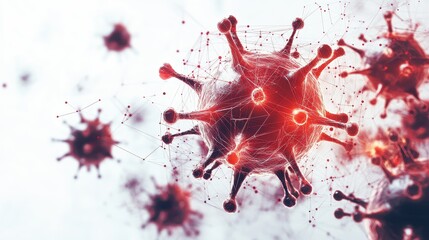 Global network under attack, digital connections breaking apart due to virus infection, glowing red warning signals, high-tech design, isolated on white background, copy space for cybersecurity risk.