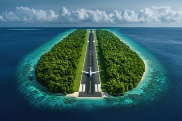 Aerial view of a secluded tropical island with a runway, surrounded by vibrant blue waters and lush greenery. Ephemeral Horizons, Liminal Threshold, Enigmatic Portal