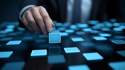 Businessman in suit engaging with interactive technology, a glimpse into the future of digital innovation