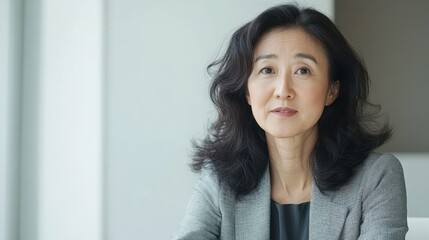 Middle-aged Asian woman utilizes an AI-powered assistant for scheduling in her clean home office