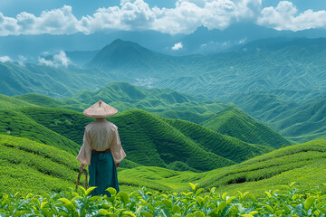 A tea farmer in China stands in the middle of an endless green field with mountains in the background, picking fresh leaves with traditional tools and wearing ancient Hanfu clothing.