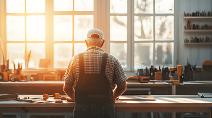 Skilled Craftsman Working in a Bright Workshop at Sunset