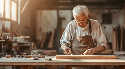Elderly Craftsman Working with Wood in a Warm Workshop Environment