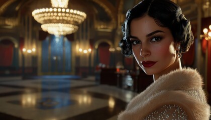 Elegant woman in roaring twenties style poses in ballroom