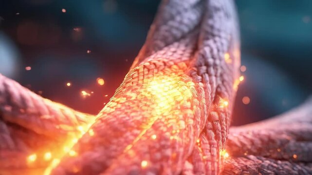 Abstract background in the form of a glowing multilayer rope. Glowing abstract ribbon with sparkles on textured background, mesmerizing mood, dynamic design.
