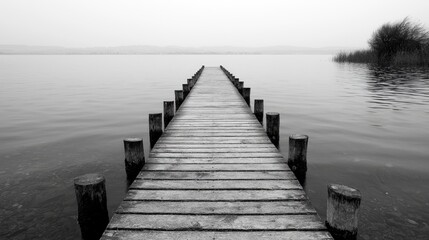 Naklejka premium Tranquil Lakeside Wooden Dock Path in Misty Fog