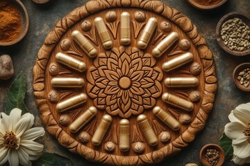 Ashwagandha capsules arranged in mandala pattern