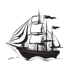 Black and White Illustration of a Pirate Ship - Vector Illustration