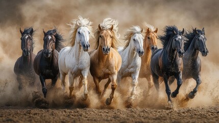 Obraz premium Majestic Horses Galloping in Nature's Beauty, Showcasing Their Power and Grace in a Dusty Landscape Creating a Breath-Taking Scene of Unmatched Freedom