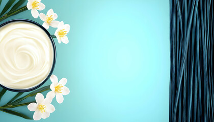 Cosmetic cream with flowers and bamboo on blue backdrop. Use it for spa, beauty, relaxation, body care, wellness, or health promotions