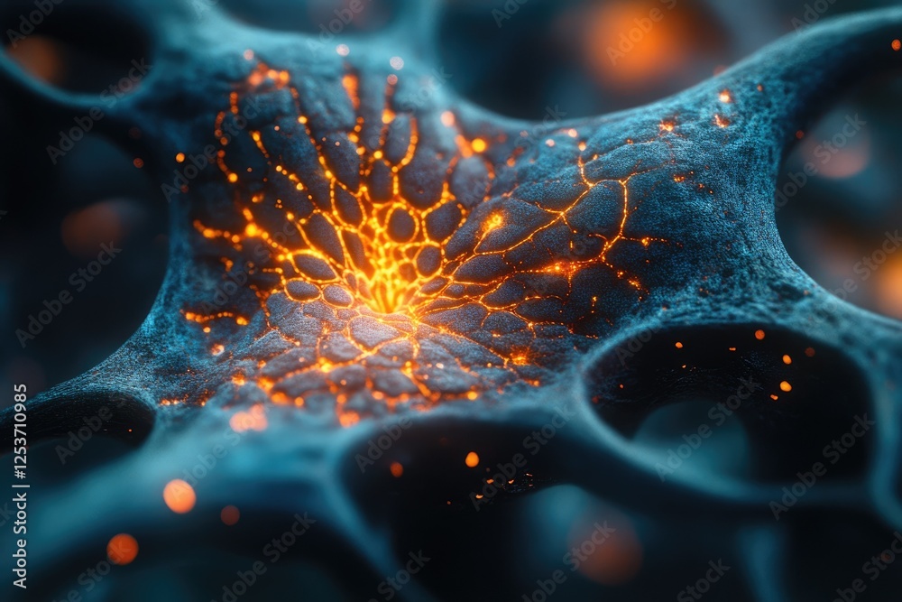 Wall mural glowing lava-like substance flows through a dark, intricate network, resembling veins or neural path