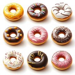 Tempting arrangement of colorful donuts with various toppings