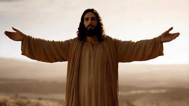 Jesus christ, with open arms, stands in a desert landscape, embracing the world with compassion and love, a symbol of hope and redemption. Religious concept of Easter
