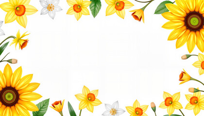 Bright sunflower and daffodil border in watercolor pastels, floral beauty