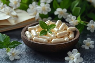 Bacopa monnieri capsules arranged with flowers and study materials