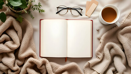 Cozy Reading Nook with Open Book, Coffee, and Blanket
